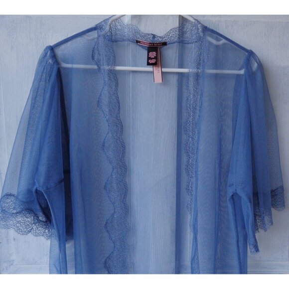 VS Victorias Secret Slate Blue Mesh Lace See Thru Sheer Open Robe M/L Sleepwear - Picture 2 of 4